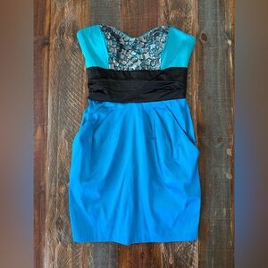 Bebe Women’s XS Blue Black Embellished Bustier Color Block Party Dress